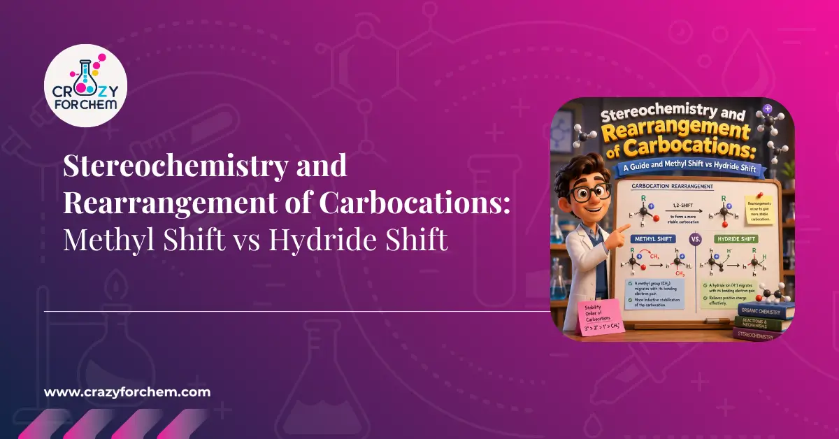 An educational featured image for an organic chemistry blog titled 'Stereochemistry and Rearrangement of Carbocations'. The graphic features a cheerful animated scientist pointing to a whiteboard that compares a 1,2-methyl shift and a 1,2-hydride shift. It includes molecular models, the stability order of carbocations (3° > 2° > 1°), and technical notes on inductive stabilisation.