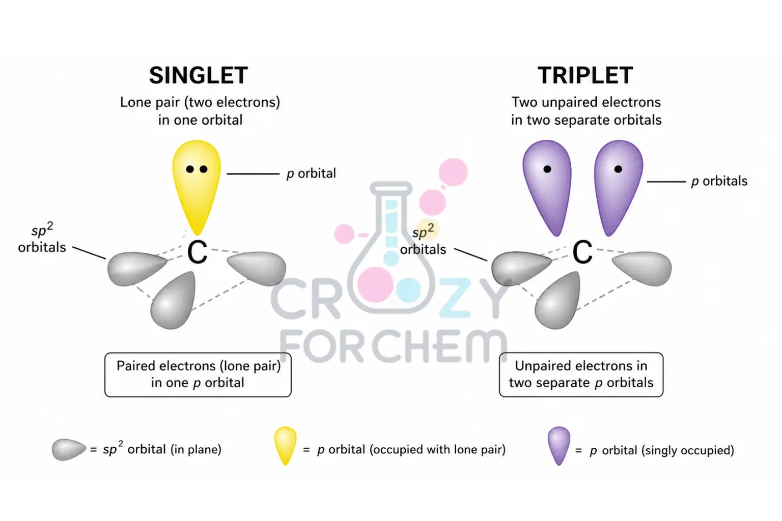 A technical diagram comparing singlet and triplet carbenes. Left: Singlet carbene showing paired electrons in one sp2 orbital with an empty p-orbital. Right: Triplet carbene showing unpaired electrons in two different orbitals (sp2 and p) with parallel spins.